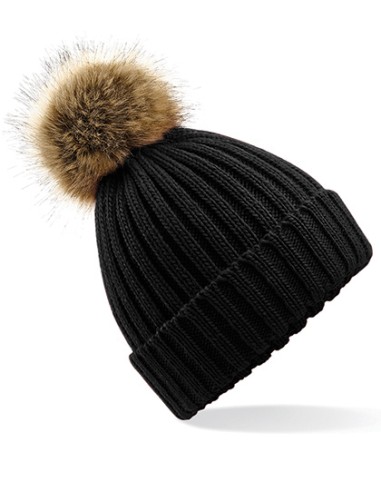 BEE-B412-Faux Fur Pop Pom Chunky Beanie